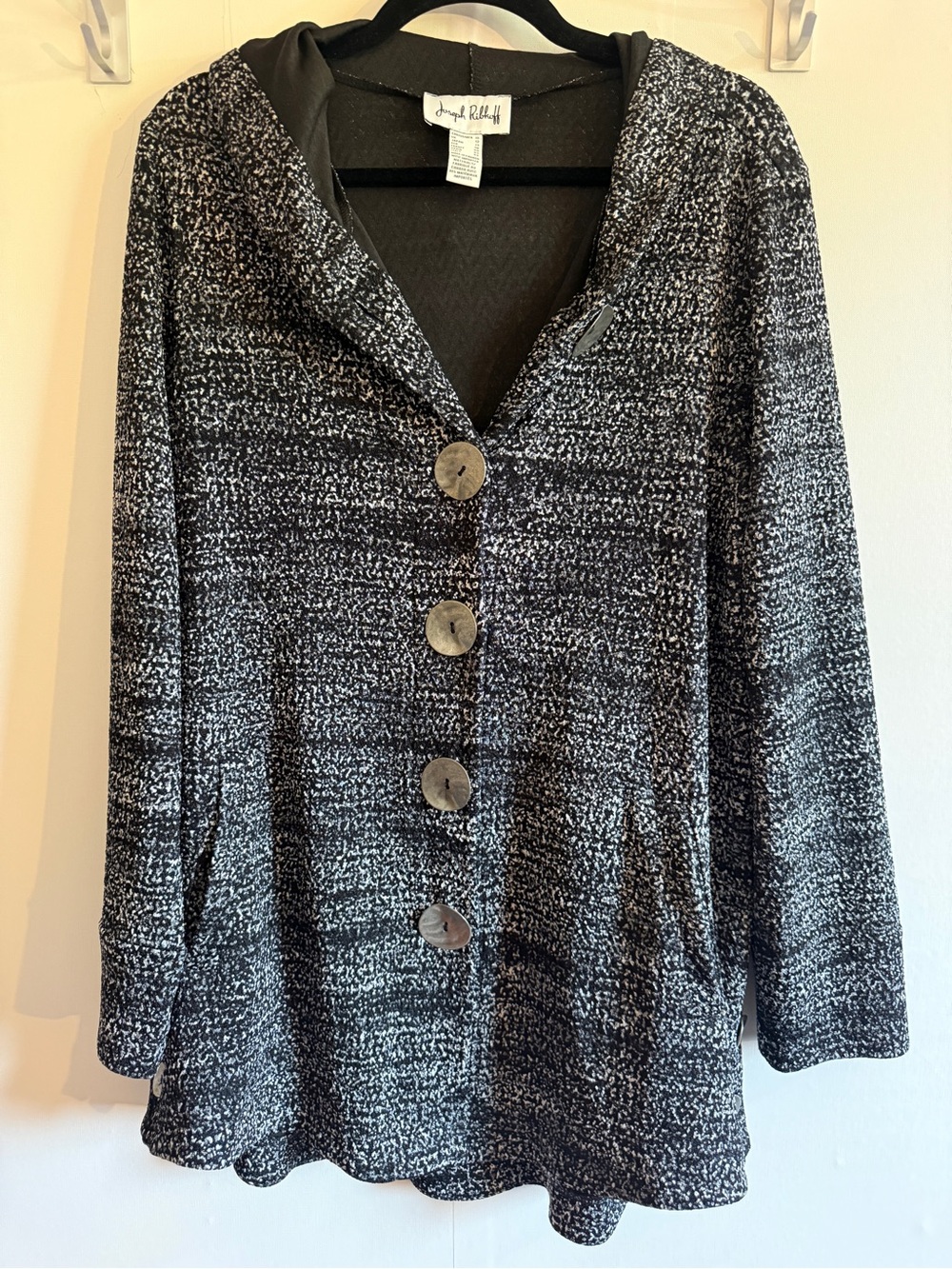 Joseph Ribkoff Size 10 Black White Metallic Hooded Swing Jacket Made in Canada
